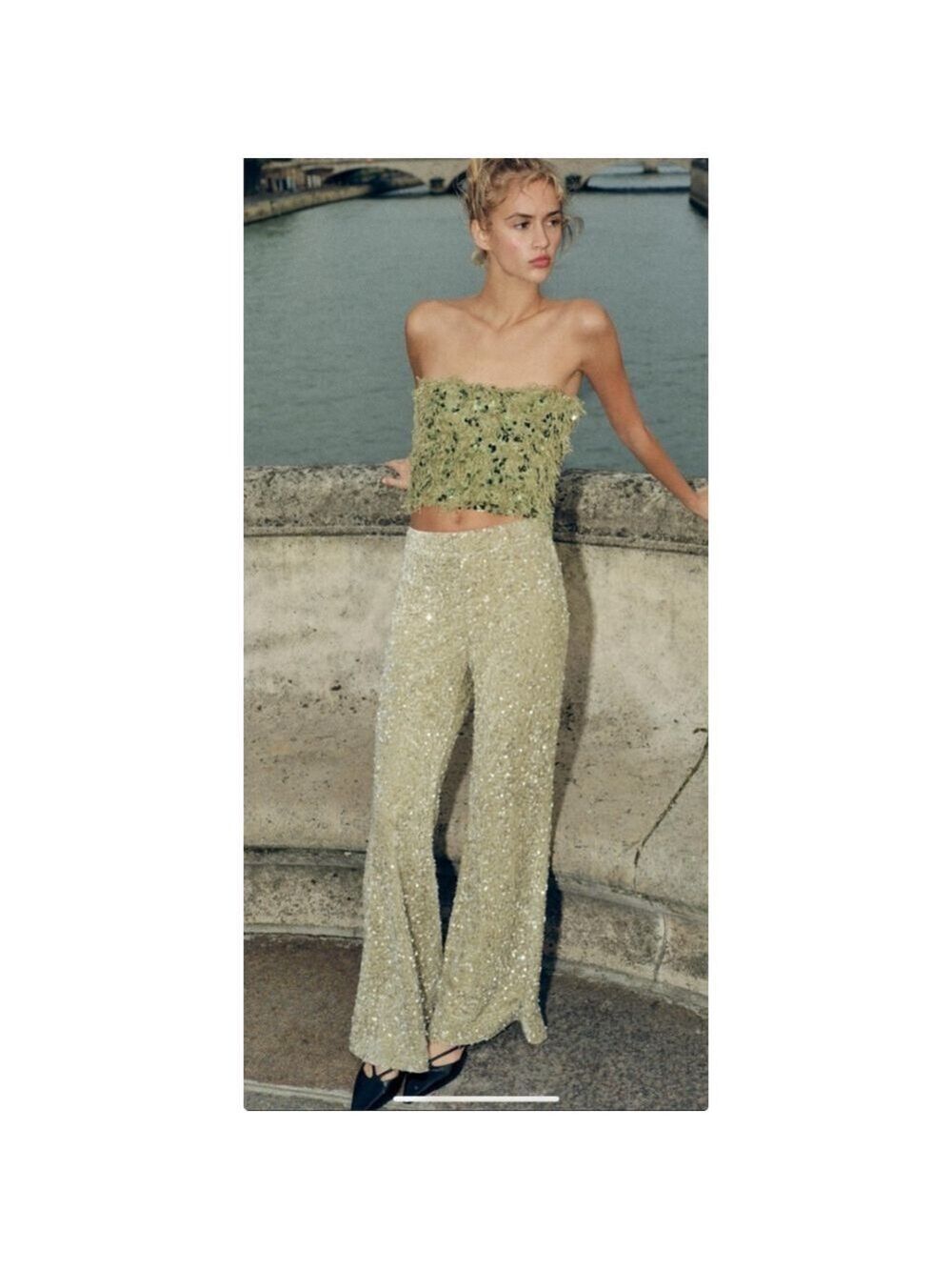 Women's Zara sequined velvet Pants, Size XS, Light Green